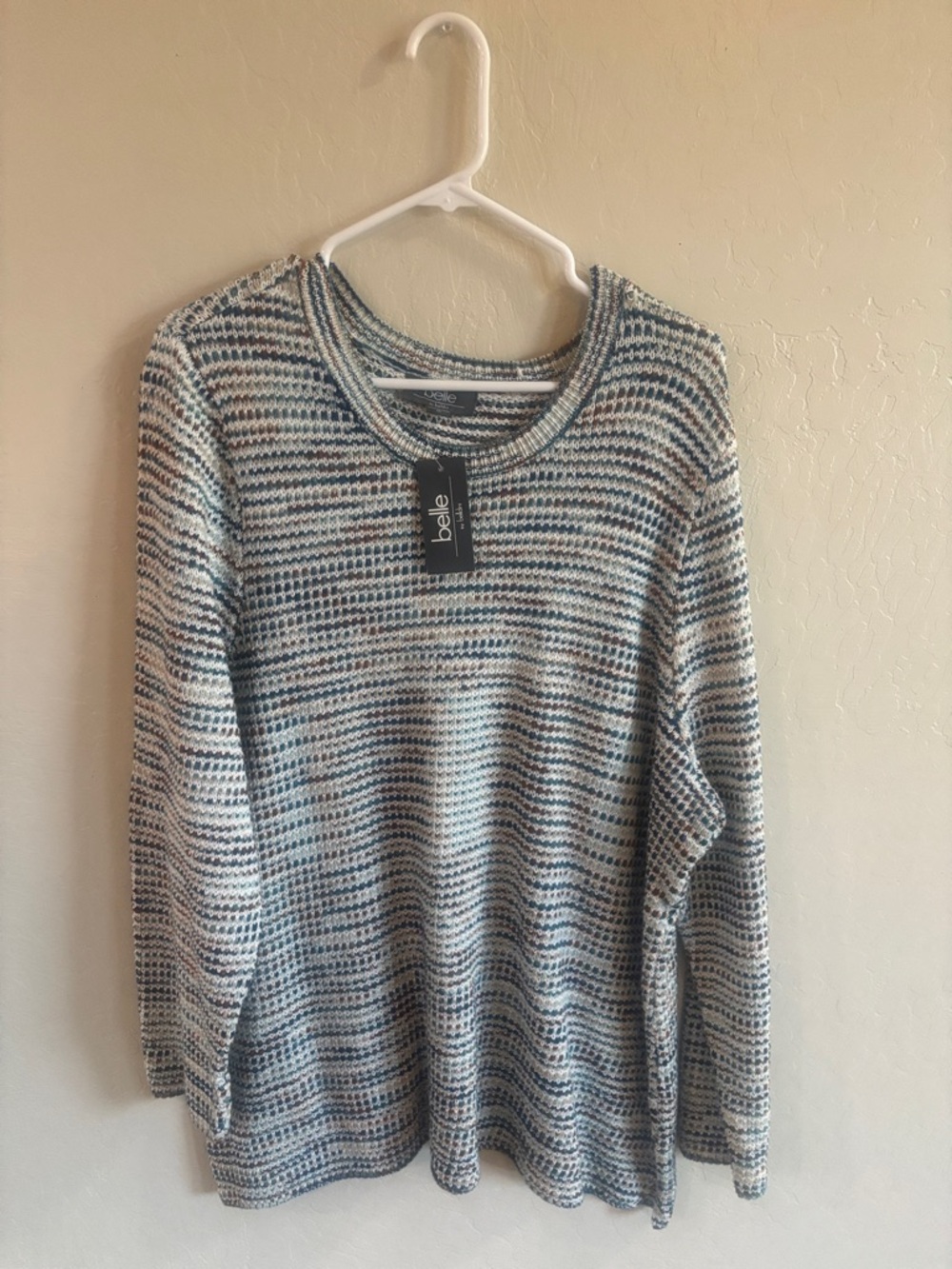 belle patterned knit pullover sweater in blue and cream